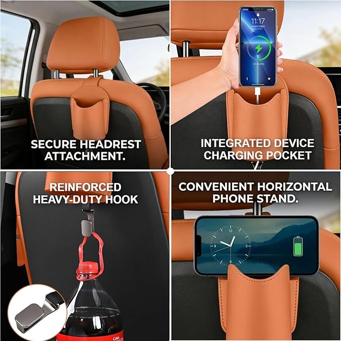 Car Seat Back Organizers Set of 2 with Leather Cup Holder and Headrest Hook, Universal Backseat Phone Mount & Storage Bag (Orange)