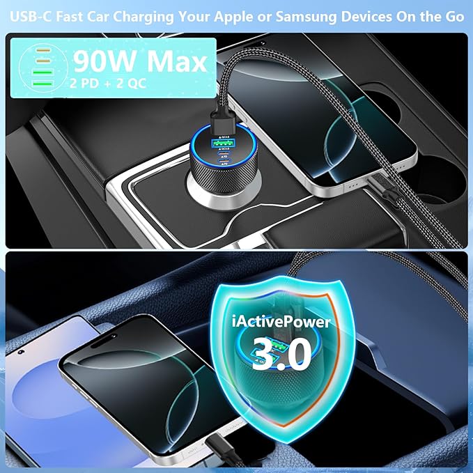 Car Charger USB C, KYOHAYA 2Pack 90W 4-Port Dual USB-C & USB-A Power Cigarette Lighter Adapter PD/QC3.0 Type C Car Charger Fast Charge for iPhone 17 17 Pro 16 15 14 13 12 11/Galaxy S26 S25/Pixel/iPad