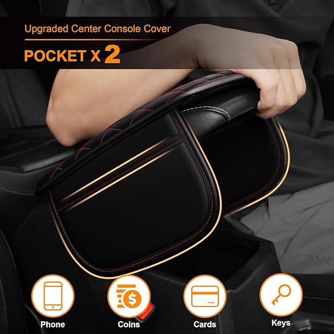 Center Console Cover for Cars Fit for Jeep Cherokee Compass Gladiator Liberty Patriot Renegade Wrangler Leather Armrest Covers with 2 Storage Bags(Black&Red)