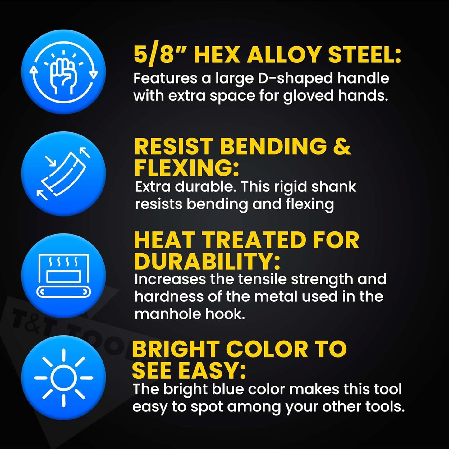 T&T Tools 24-Inch Manhole Hook Tool -Heavy Duty Single Hook for Lifting Manhole Covers, Storm Drains, Septic Tank Risers - Rigid Hex Alloy Steel Tool for Lifting, Pulling, and Removing Covers-4 Pack