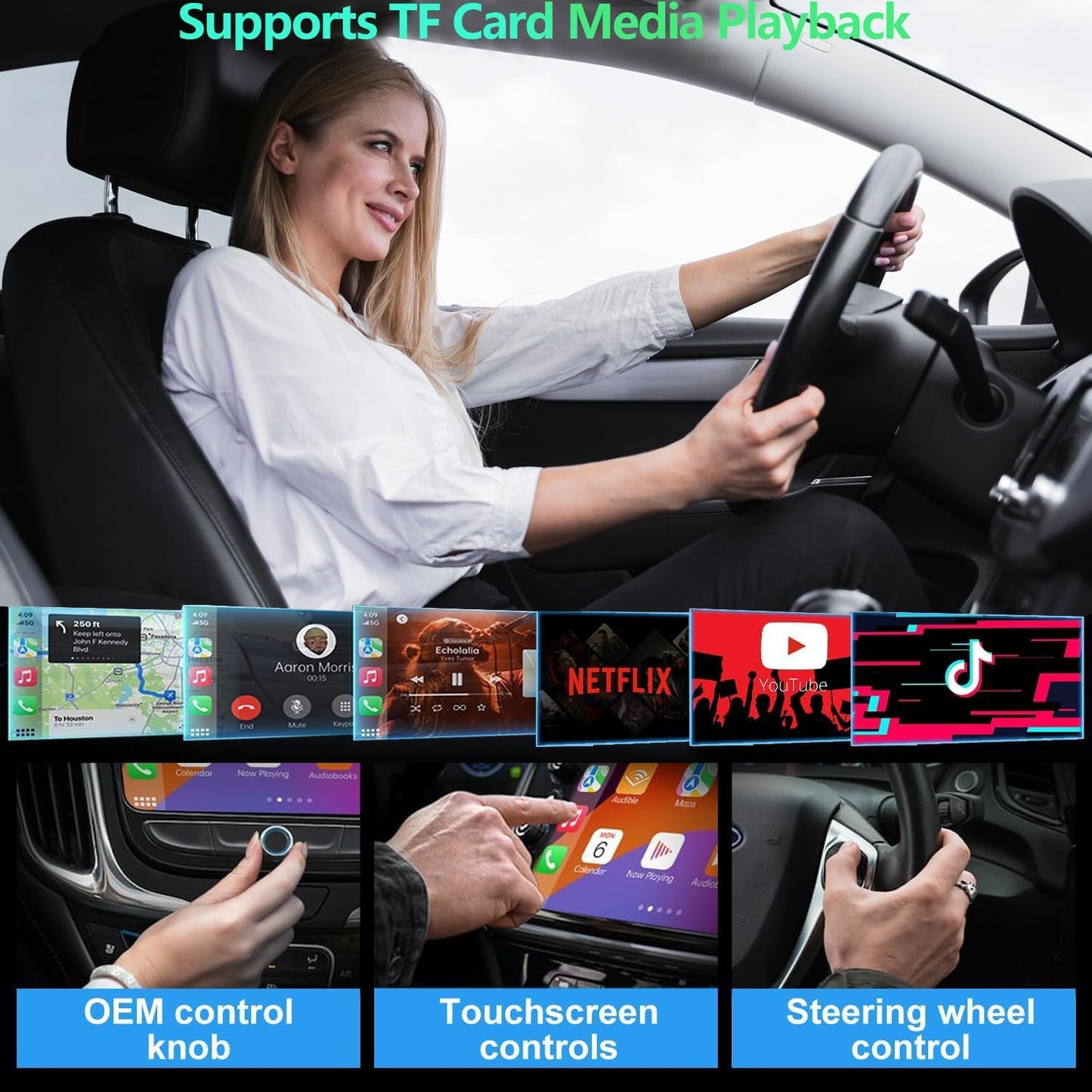 Wireless Carplay Adapter with Netflix YouTube TF Card Plug & Play, Wireless AI Box Car Play Adapter & Android Auto Dongle Easy to Setup, Fits for OEM Wired CarPlay Cars