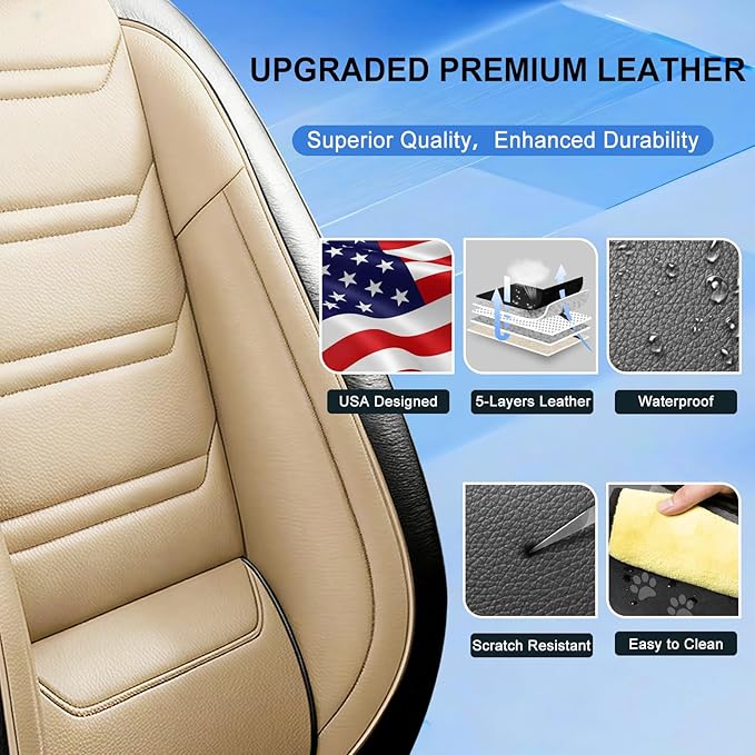 Fit Impala Car Seat Covers for Chevrolet/Chevy Impala 2000-2020, Premium Full Coverage Leather, Airbag Compatible, Waterproof All Weather Breathable Seat Protector, Full Set, Black+Beige