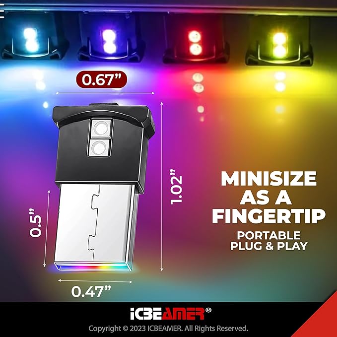 ICBEAMER Mini Smart USB Type-A 2-Pack (Yellow) | LED Night Light for Car Interior, Trunk, Center Console, Easy Plug-in, Ideal for Enhancing Automotive Ambiance