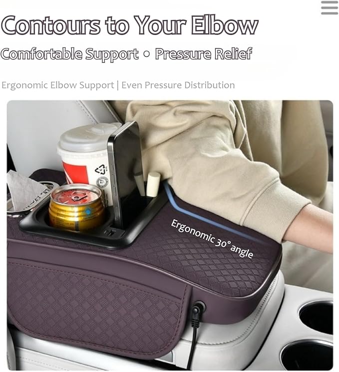 2026 Upgraded Car Center Console Cushion with 30w USB& Type-C Charging Ports, Leather Car Armrest Pad Cover, Interior Accessories for Most Vehicles (Classic Flat Version, Coffee)