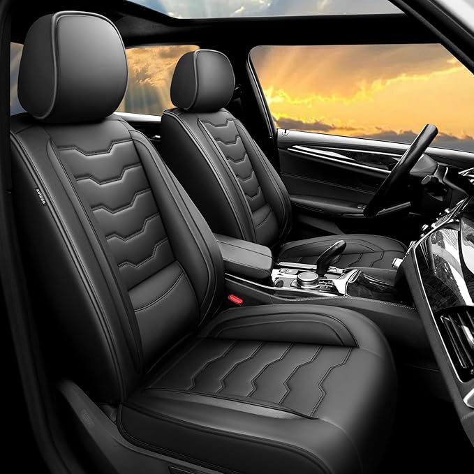 Fit Leaf Car Seat Covers Compatible with Nissan Leaf 2012-2025 2026 - Full Set Premium Leather， Waterproof Breathable， All-Weather Seat Cushion Protecto&Airbag Compatible（Full Set,Black