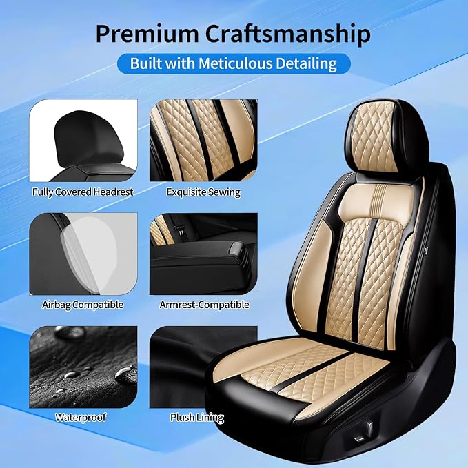 Fit Colorado Car Seat Covers for Select Chevy/Chevrolet Colorado 2015-2026, Premium Full Coverage Leather, Waterproof All Weather Breathable Seat Cushion Protector, Front Pair Black+Beige