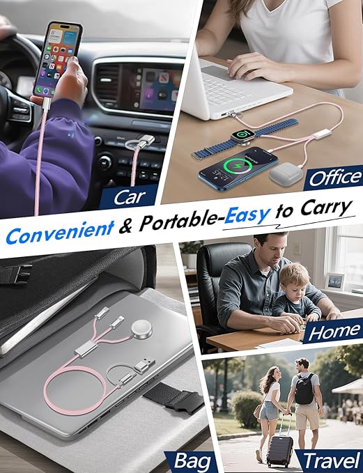 2Pack Multi Charging Cable Cord for Travel Essentials,Apple Watch Charger,iPhone Charger,[3-in-2] Type C/Lightning Cable Portable Designed for iWatch,iPhone 17-8,Galaxy S25-21,AirPods,iPad-1.5M Pink