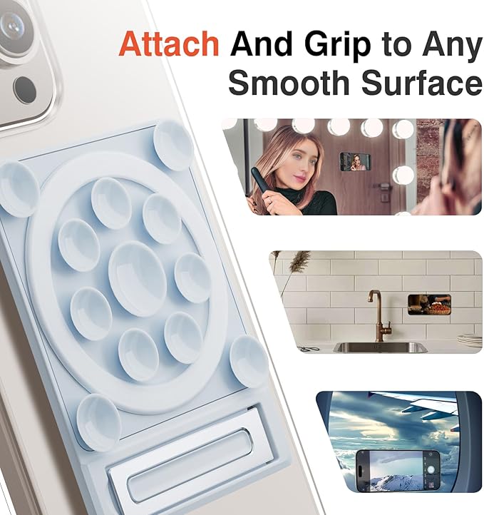 SEMBO Silicone Suction Phone Case Adhesive Sticky Grip Stand with Mag-Back for MagSafe Car/Wall Mounts, Strong Magnetic Holder for Fridge, Gym Equipment, Shower, Hands-Free Selfie (Blue, Magnetic)