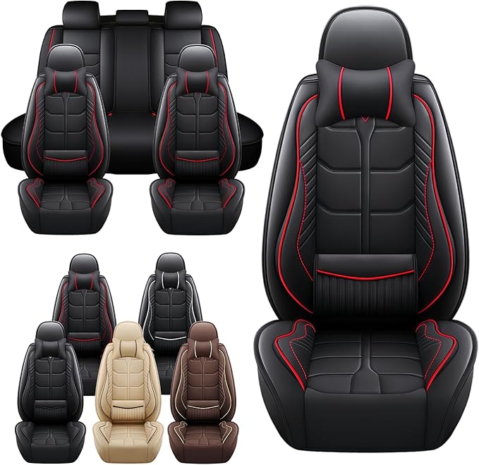 Leather Car Seat Covers Fit for Toyota Corolla Hatchback 2019-2024, 5 Seater Car Seat Cover, Premium Waterproof, Scratch Resistant Car Interior Accessories (Full Set with Pillow Black Red)