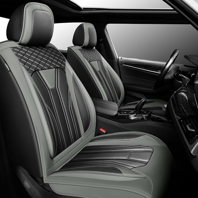 Fit Frontier Car Seat Covers Compatible with Nissan Frontier 2010-2025 2026 -Premium Leather， Waterproof Breathable， All-Weather Seat Cushion Protecto&Airbag Compatible(2 Front Seat Gray&Black)