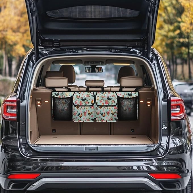Farm Rooster Car Backseat Trunk Organizer for Women Pink Peony Flowers Hanging Car Storage Organizer with Extra Storage Space for SUVs,Trucks,Vans