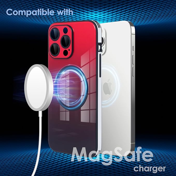 Guppy Compatible with iPhone 13 Pro with MagSafe Case, Magnetic Gradient Case with MagSafe Charging, Gradient Glass Back Cover with Lens Film-Red