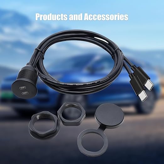 Dual Port USB C 2.0 Male to USB C 2.0 Female Extension Cable,Flush Mount Waterproof Panel Cable for Car,Truck,Boat,Motorcycle Dashboard 3.3ft