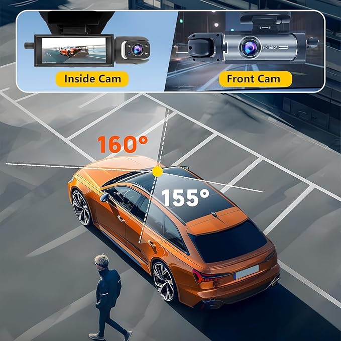 Dashcam Front and Inside,Car Camera Dash Cam for Cars,Driving Recorder with IR Night Vision,Loop Recording,Wide Angle Lens,3.16 Inch IPS Screen,Parking Mode (Black)