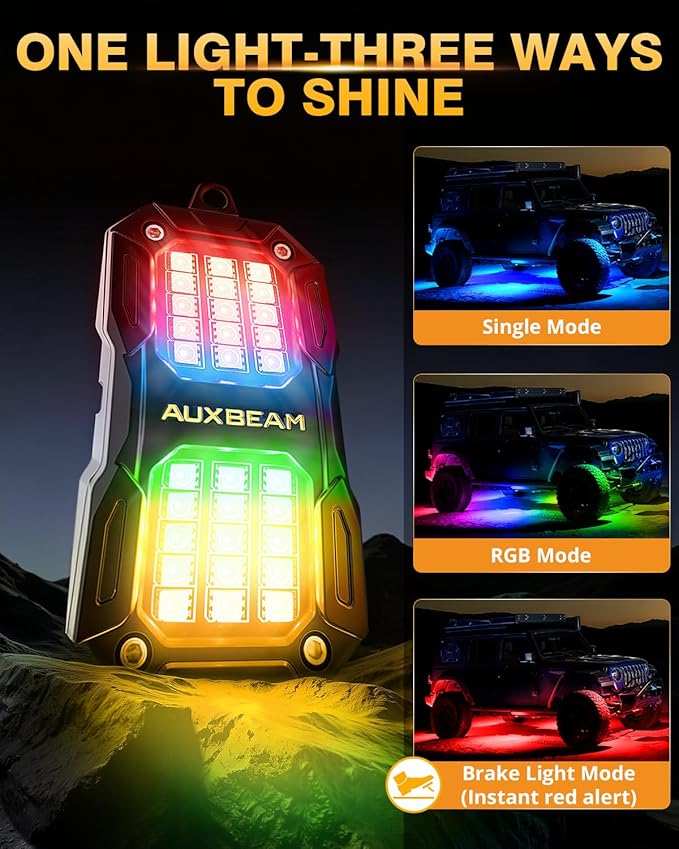 Auxbeam 8-Pod RGB LED Rock Lights w/Brake Mode 217°Dual-Side Lighting Underglow Kit w/Bluetooth APP & Remote Control Music Voice Sync Waterproof Wheel Well Lights for Trucks Offroad RV 1 Year Warranty