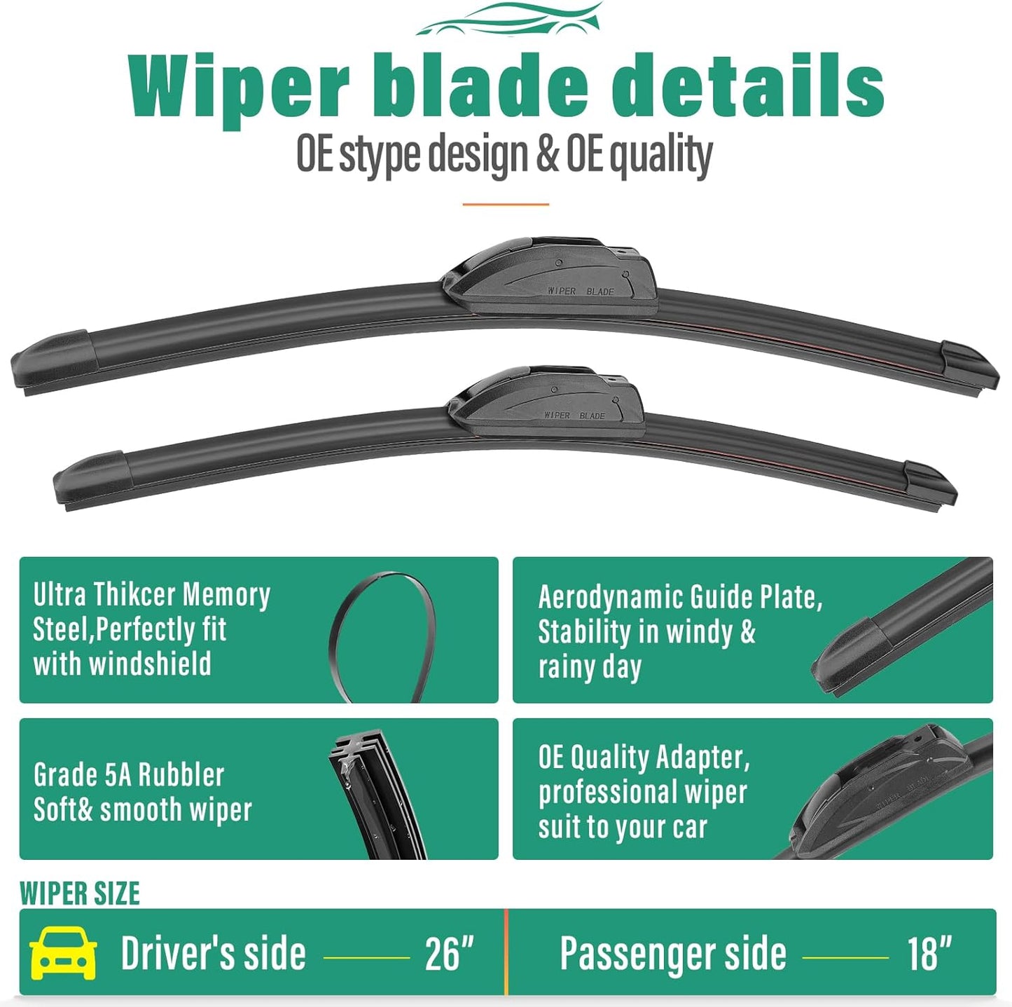26" 18" 14" Windshield Wiper Blades Replacement for Honda Civic Hatchback 2017 2018 2019 2020 2021 Premium All Weather Front Rear Wipers Set - OEM Quality (Pack of 3)