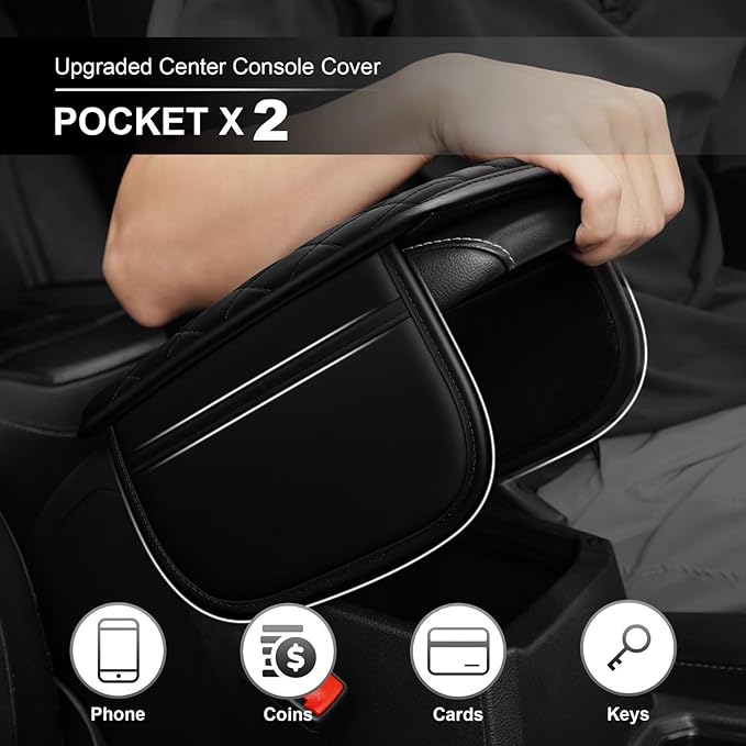 Upgraded Car Center Console Cover Fit for Camry Faux Leather Car Armrest Cover Cushion with 2 Storage Bags,Car Armrest Storage Box Interior Accessories(Black)