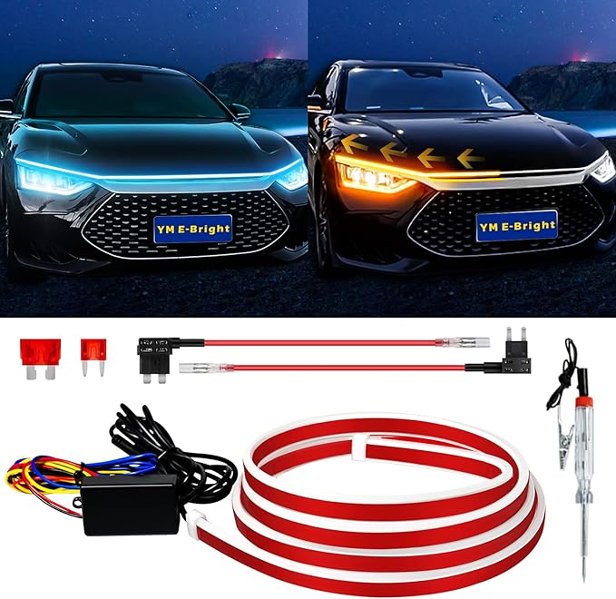 Sequential Turn Signal Light Strip Dynamic Scan Start Up Led Hood Lights Flexible DRL Daytime Running Light for Car,Truck,SUV,Dual Color Ice Blue Amber Flowing Switchback 12V 94inch/240CM (1Set)