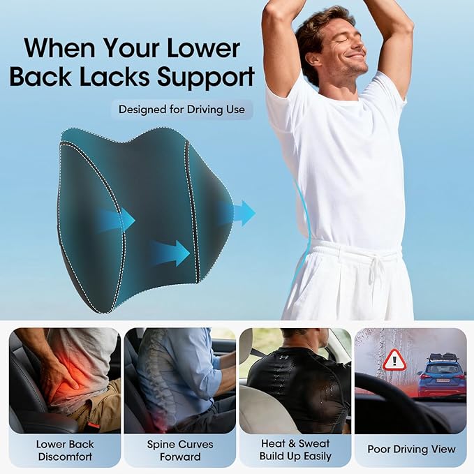 Lumbar Support Pillow for Car Seat – High-Density Memory Foam, Provides Comfort for Long Drivers, Relieves Lower Back Discomfort, Adjustable Strap Stays Put, Fits Most Cars, SUVs & Trucks (Black)