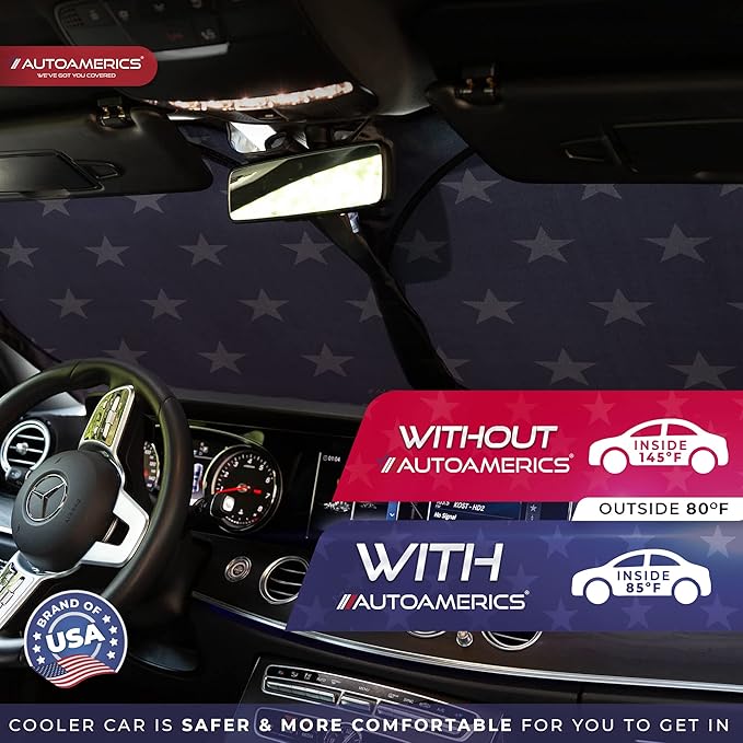 Autoamerics 1-Piece Windshield Sun Shade American Stars Flag USA Patriotic Design - Foldable Car Front Window Sunshade for Sedans SUV Truck - Blocks Max UV Rays and Keeps Your Vehicle Cool - Medium