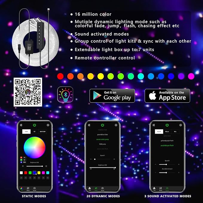 AKEPO 3.2W Mini Size 6-Hole RGB Colorful Star Chasing Fiber Optic Light Kit, 9.8ft 360pcs*0.75mm/0.03in APP Control Milti-Color Sound Activated Starlight Headliner Kit for Car Home Use