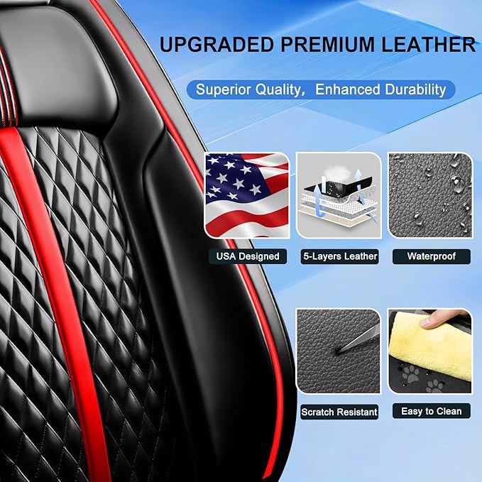 Fit RAV4 Car Seat Covers (Front Pair) for Select Toyota RAV 4 2013-2026/RAV4 Hybrid - Premium Full Coverage Leather, Waterproof & All Weather Seat Cushion Protector, Black with Red Trim