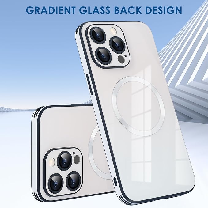Guppy Compatible with iPhone 15 Pro Case Magnetic, with Full Camera Lens Protector [Compatible with MagSafe] Scratch Resistant Gradient Glass Back Cover Phone Case-White