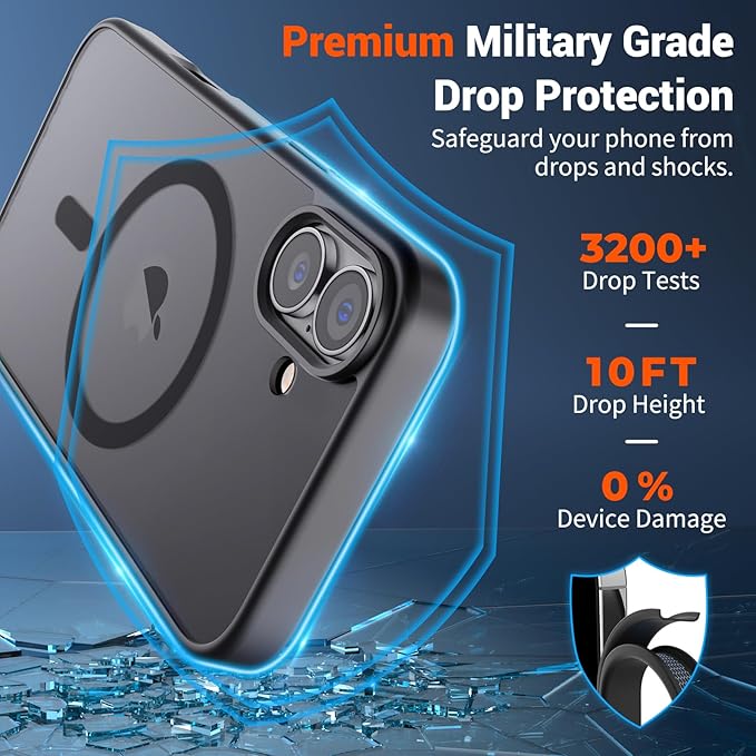 SUPFINE Magnetic for iPhone 16 Plus Case (Compatible with MagSafe) (Military Grade Drop Protection) Translucent Matte Shockproof with Anti-Fingerprint Phone Cover,Black
