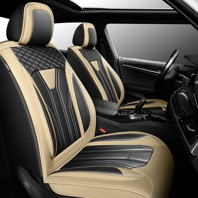 Fit CRV Car Seat Covers Premium Leather for Honda CRV cr-v 2011-2025 2026. Waterproof， Breathable, Scratch-Resistant & All-Weather Seat Cushion Protector (Front Seat,Beige&Black)