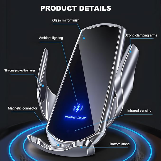 Wireless Car Charger, 15W Fast Charging Mount Electric Induction Car Phone Holder, Universal Auto-Clamping Magnetic Charger Air Vent Mount Bracket for Most Smartphones (Silver)