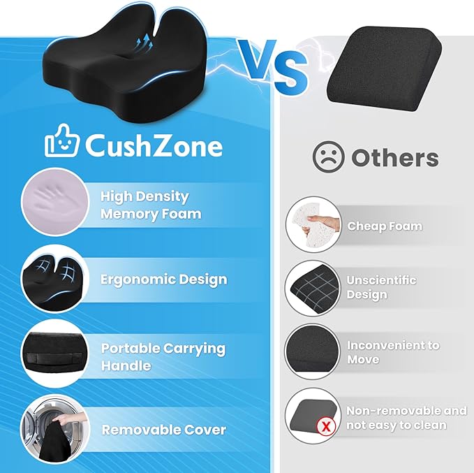 Seat Cushion, Memory Foam Office Chair Seat Cushion for Office Chairs/Car/Long Trip/Desk Chair/Gaming, X-Large Size for Sciatica & Hip & Tailbone Pain Relief, Sciatica Support (Black)