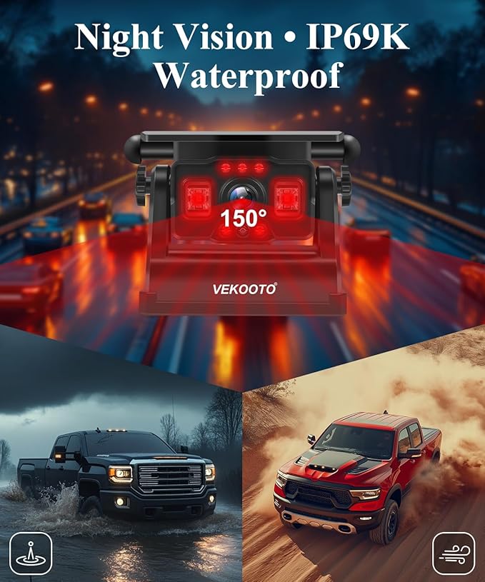 VEKOOTO VK7Pro 2 Magnetic Solar Wireless Backup Camera with 7'' IPS Touchscreen, 15,800mAh Rechargeable, No Wiring, HD1080P Night Vision Wireless Backup Camera for Trucks, RV, Trailer, Camper