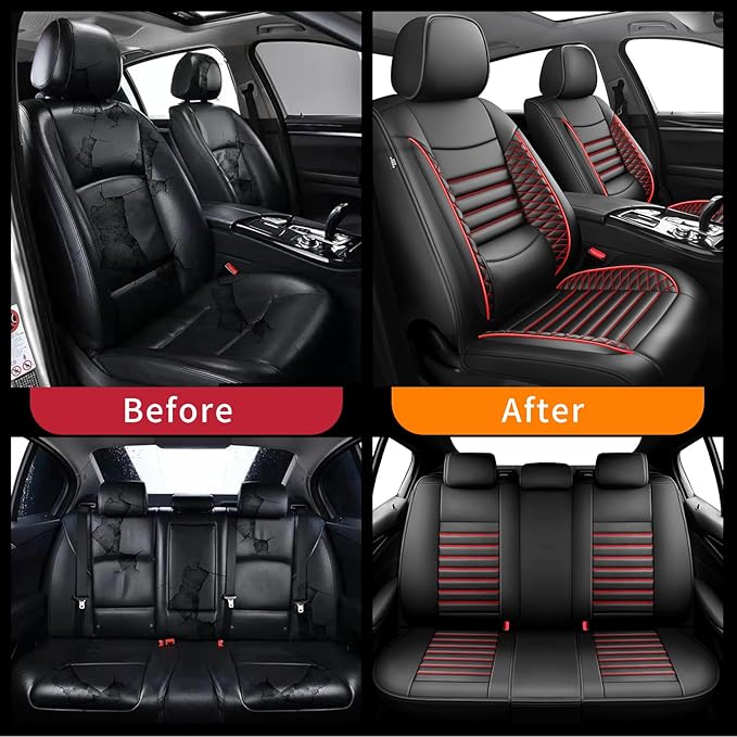 Fit Forester Car Seat Covers for Subaru Forester 2007-2025 2026 - Upgraded Premium Waterproof & Breathable Leather, Airbag Compatible, All-Weather Seat Cushion Protector (Full Set, Black+Red)