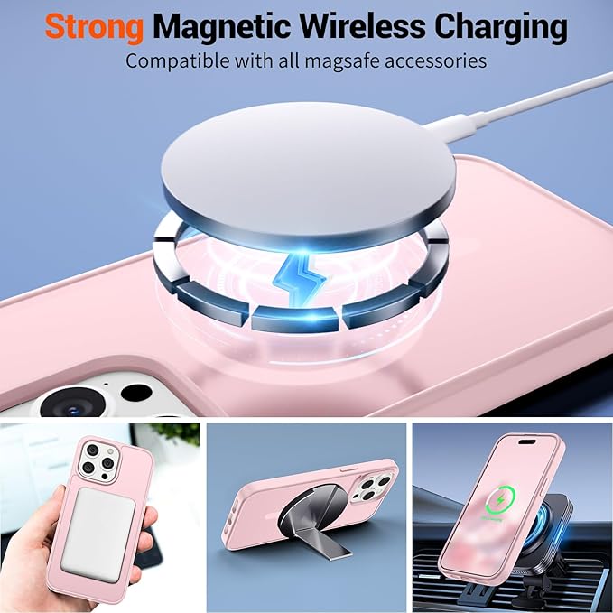 SUPFINE Magnetic for iPhone 15 Pro Max Case with Screen Protector (Compatible with MagSafe) (Military Grade Drop Protection) Translucent Matte Shockproof Phone Cover,Light Pink