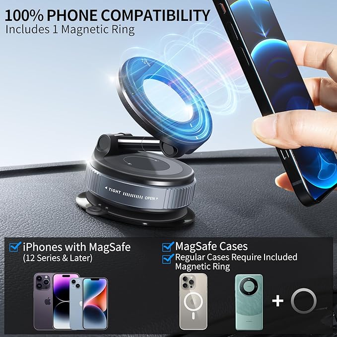 ILKCC Vacuum Suction Magnetic Phone Holder, 2025 Upgraded Vacuum Suction Cup Mount for Magsafe, 360° Adjustable Foldable Portable Magnetic Car Phone Stand for Cars/Gyms/Mirrors/Smooth Surface (Black)