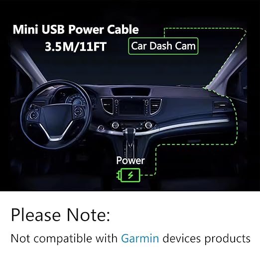 Dash Cam Mini USB Power Cable 11FT, Right Angle 90 Degree Mini USB with Dual USB Port Fast Power Supply, for 12V-24V Car and Truck Dash Cam, GPS Navigator, MP3 Player and Other USB Devices