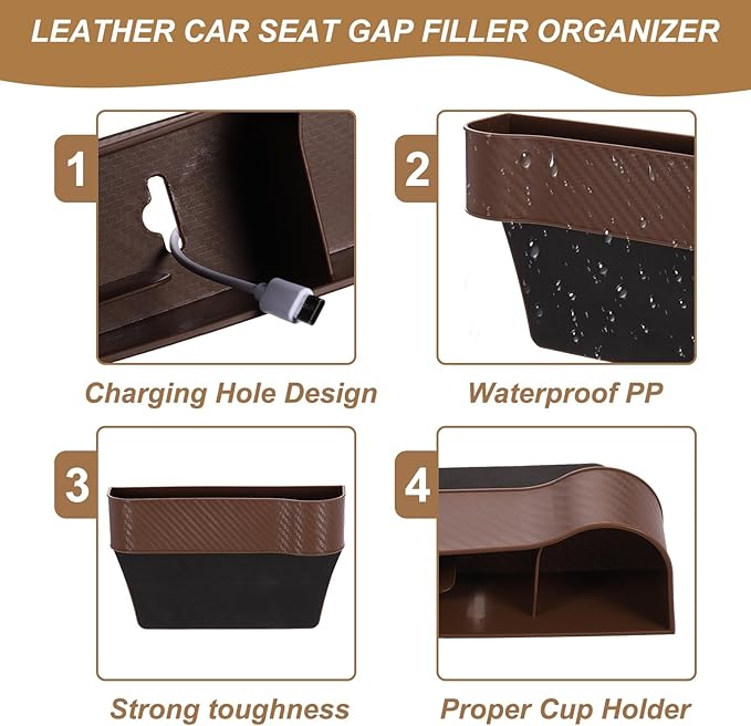 HARFINGTON 2pcs Car Seat Gap Filler Organizer 10.2 x 6.5 x 3.1 Inch ABS+Leather Universal Car Organizer Storage Box Between Seat and Console (Left+Right) with Cup Holders for Phone, Beige