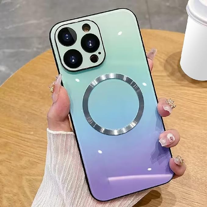 Guppy Compatible with iPhone 16 Pro Max Case Magnetic, with Full Camera Lens Protector [Compatible with MagSafe] Scratch Resistant Gradient Glass Back Cover Phone Case-Blue