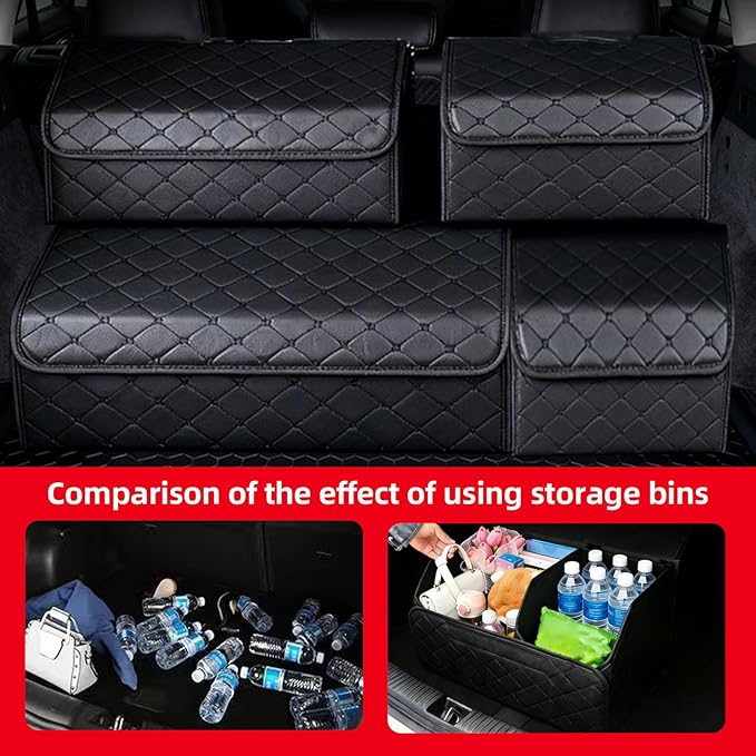 1Pack Leather Trunk Organizer for SUV & Sedans - Extra Large Foldable Car Storage Box with Lid, Adjustable Removable Dividers and Carry Handle, Collapsible Auto Cargo Organizer Black (1)
