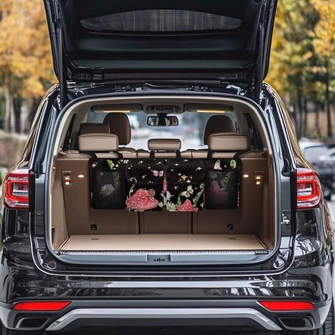 Butterfly Mushroom Car Backseat Trunk Organizer Daisy Stars Hanging Cargo Bag Multipurpose Trunk Storage Bag with 3 Adjustable Buckles