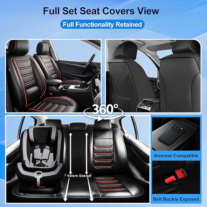 Fit Trax Car Seat Covers (Front Pair) for Chevrolet/Chevy Trax 2015-2026 - Luxury Full Coverage Leather, Waterproof & All Weather Seat Cushion Protector, Airbag Compatible, Black with Red Trim