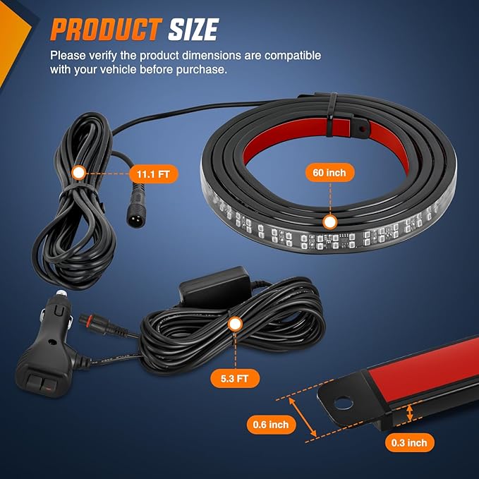 Nilight 60 Inch Truck Tailgate Strobe Light Strip Tail Emergency Bar Rear Window Warning Lamp Ultra-Bright Double Row 360 LED for Pickup Trailers Construction Vehicles Car SUV, Red Blue