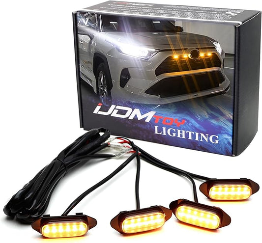 iJDMTOY Smoked Lens Front Grille TRD Style Amber Yellow LED Grill Lighting Kit Compatible with Toyota 2019-2025 RAV4, Includes (4) 12-SMD Smoke Cover LED Grille Lights & Wiring Harness