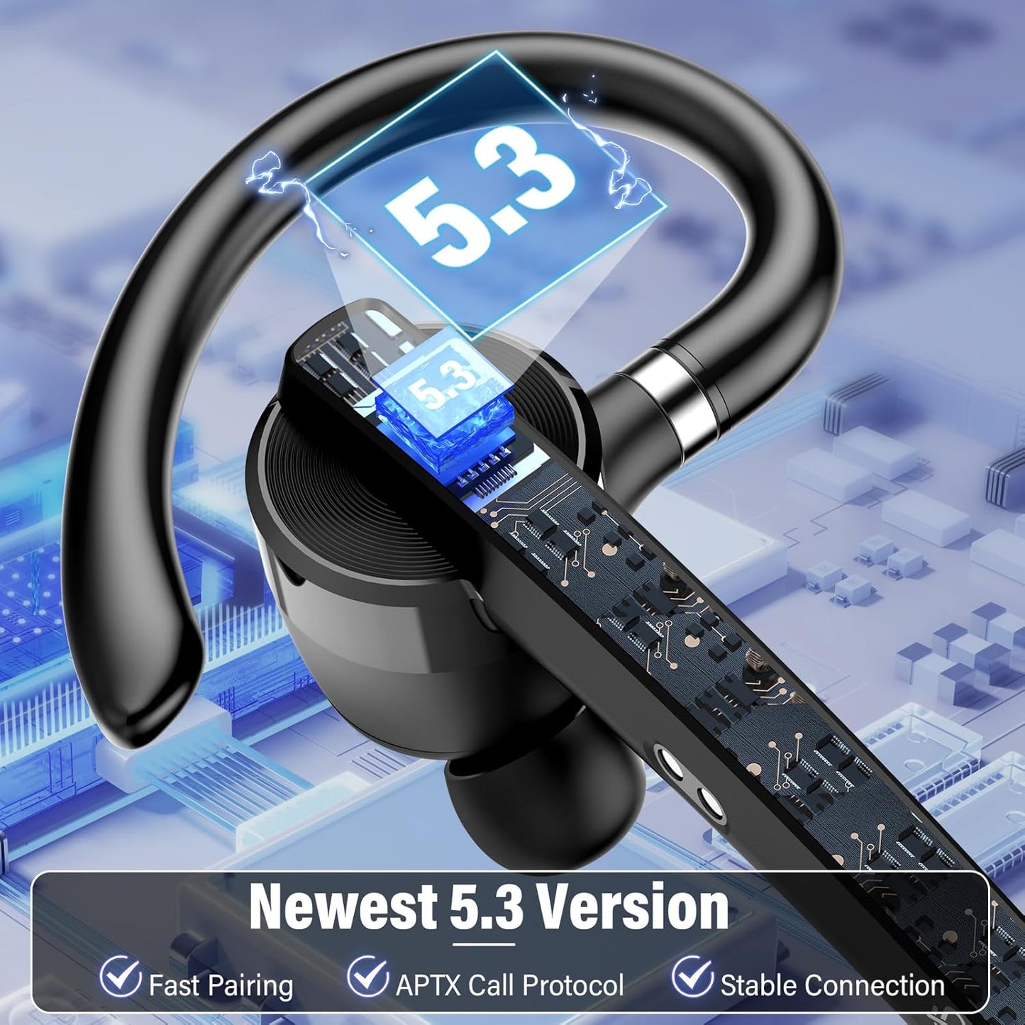 Bluetooth Headset, Wireless Bluetooth 5.3 Earpiece, 90Hrs Hands Free Headset with APTX HD Audio & Mute Button, Dual Noise Cancelling Mics, Single-Ear Headphone for Trucker/Business/Office/Gym