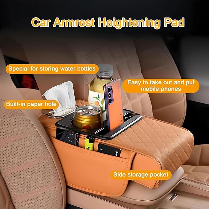 Car Armrest Cushion for Toyota Crown Majesta VI 2009-2015 2016 2017 2018, Car Center Console Cover Armrest Pad with Cup Holder and Tissue Box, Car Accessories,Orange