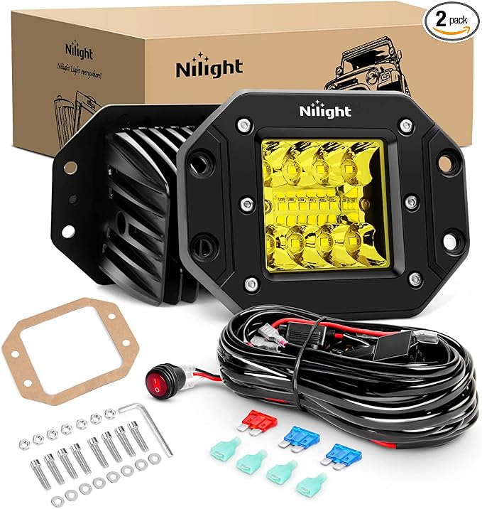 Nilight 2PCS 42W Flush Mount Amber LED Light Pods Upgraded Spot Flood Combo Beam Driving Light LED Work Light with 16AWG Wiring Harness Kit-2 Leads，2 Years Warranty