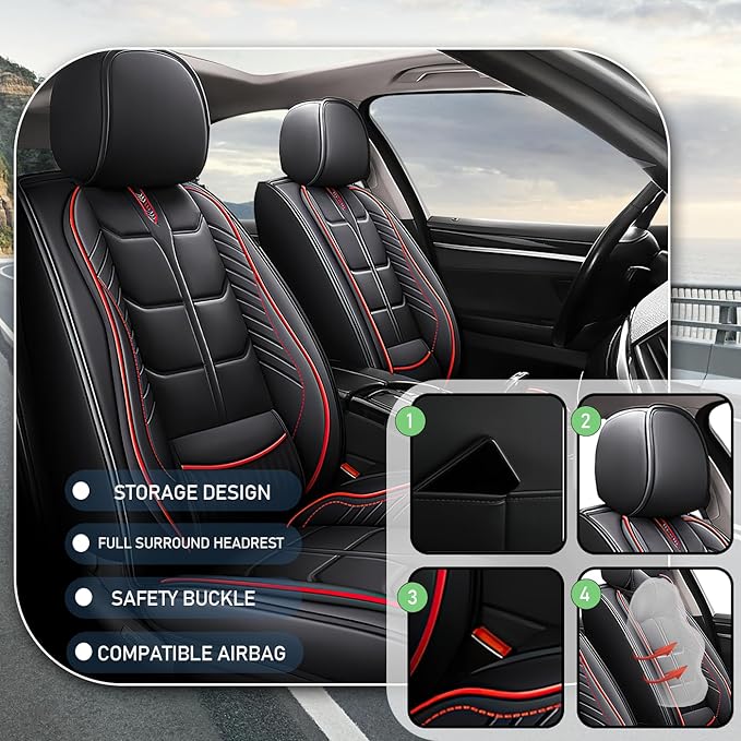 Leather Car Seat Covers Fit for Toyota Yaris iA 2017-2018, 5 Seater Car Seat Cover, Premium Waterproof, Scratch Resistant Car Interior Accessories (Full Set Black Red)