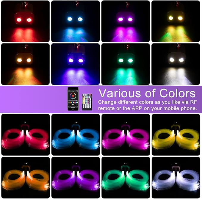 AKEPO Car Home 20W Dual Head Fiber Optic Lights, RGBW Twinkle+APP+ Music Mode Star Ceiling Light Kit, 710pcs 4m/13.1ft Mixed Optical Fiber Strands with Remote for Car Headliner/Home Fiber Optic Star