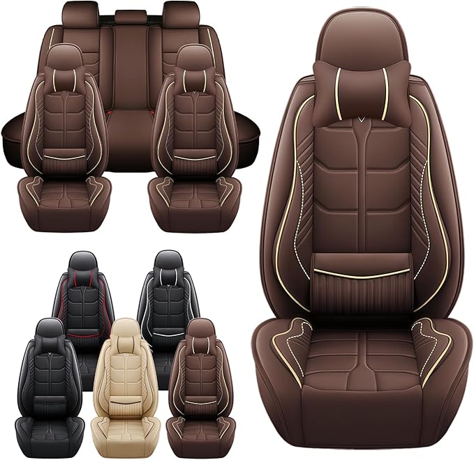 Leather Car Seat Covers Fit for Toyota Tacoma 2005-2024, 5 Seater Car Seat Cover, Premium Waterproof, Scratch Resistant Car Interior Accessories (Full Set with Pillow Coffee)