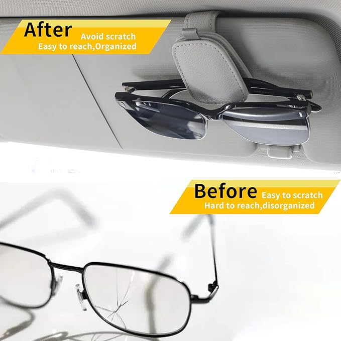 Yuoyar Sunglass Holder for Car, Magnetic Leather Sunglasses Holder and Ticket Card Clip, Car Visor Accessories, 2 Packs (Silver Grey)